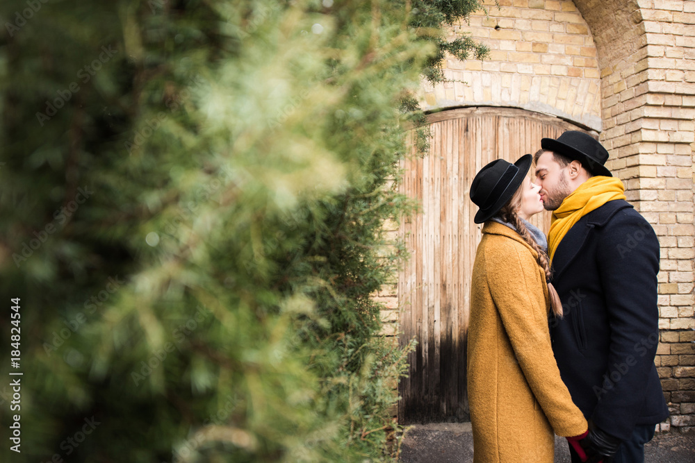 attractive young couple kissing beside trees