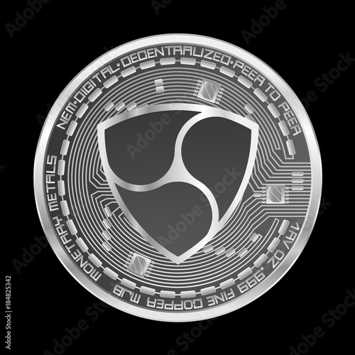 Crypto currency silver coin with silver nem symbol on obverse isolated on black background. Vector illustration. Use for logos, print products, page and web decor or other design.