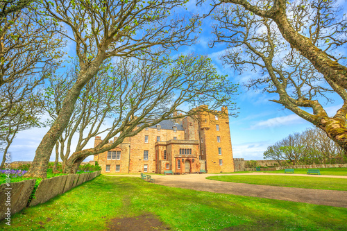 Castle of Mey forest in front of main doorway of Barrogill castle located in the Highlands of Scotland, United Kingdom. Popular landmark and famous touristic attraction.