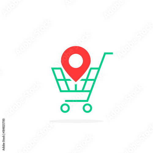 red geotag icon with green shopping cart