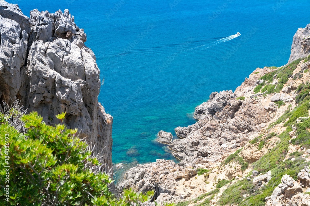 Cliff and the sea, hiking trail, Rhodes, Greece