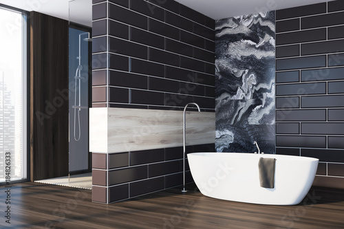 Gray marble bathroom, black brick, tub