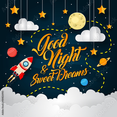 Modern Space Journey To Dreams Paper Art Good Night Card Illustration
