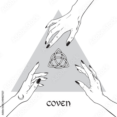 Hands of three witches reaching out to the pagan symbol triquetra. Coven is a gathering of witches. Black work, flash tattoo or print design hand drawn vector illustration