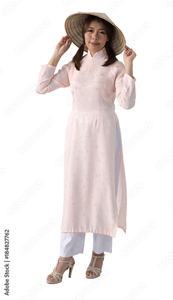 Beautiful woman in pink Vietnam Traditional dress of Dress culture Vietnamese. isolated background with clipping path. Beautiful woman in pink Vietnam Traditional dress of Dress culture Vietnamese. isolated background with clipping path.