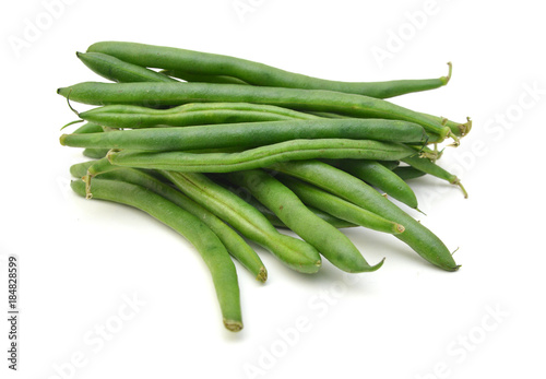 Green beans with leaves on white background