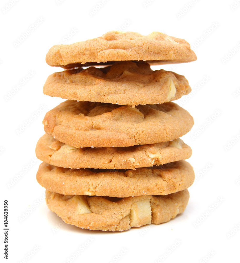 Small stack of macadamia nut and white chocolate cookies. Small stack of macadamia nut and white chocolate cookies.