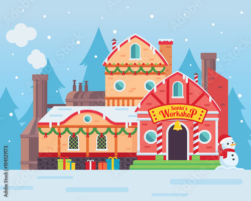 Cute Santa's Workshop Building Illustration, Suitable For Merry Christmas Card Illustration, Banner, And Other Christmas Related Celebration