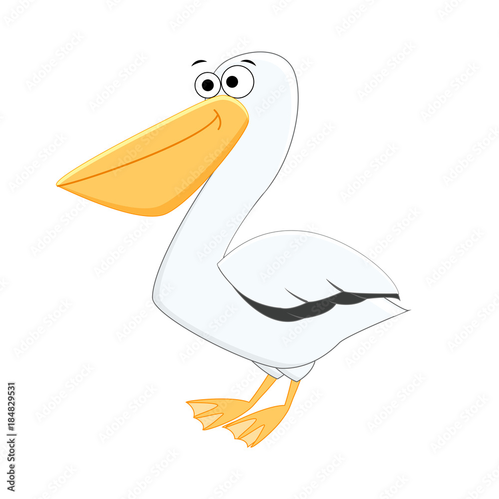 Colorless funny cartoon pelican. Vector illustration. Coloring page