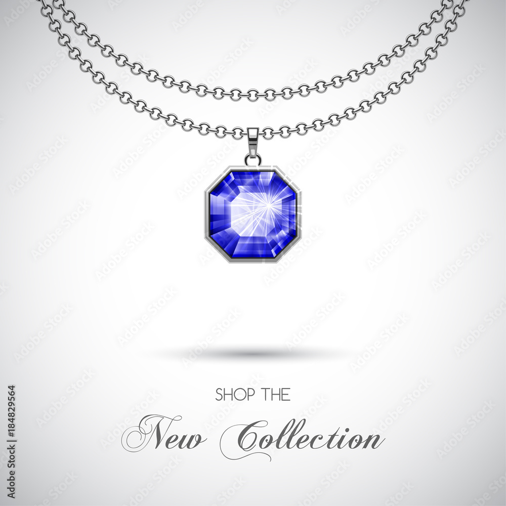 Silver chain necklace with diamond pendant. Vector Illustration