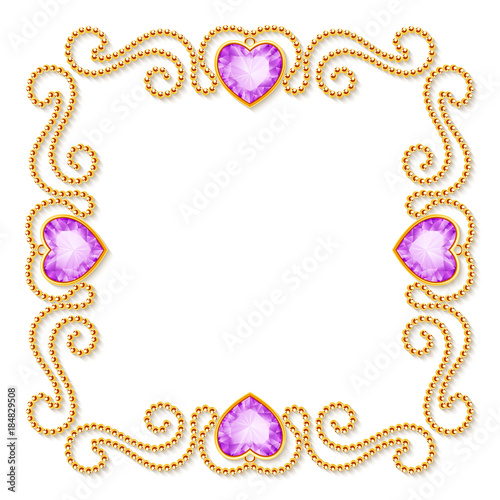 Decorative frame with golden chains and gemstones. Luxury invitation or greeting card template. Vector Illustration.