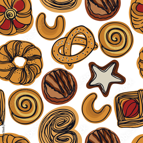 Fresh Bakery Pretzels, shortbread biscuits and twisted buns Seamless pattern