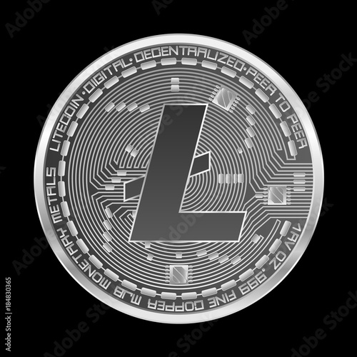Crypto currency silver coin with silver litecoin symbol on obverse isolated on black background. Vector illustration. Use for logos, print products, page and web decor or other design.