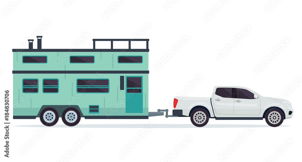 Modern Small Tiny House Building With Pick Up Truck Illustration Modern Small Tiny House Building With Pick Up Truck Illustration