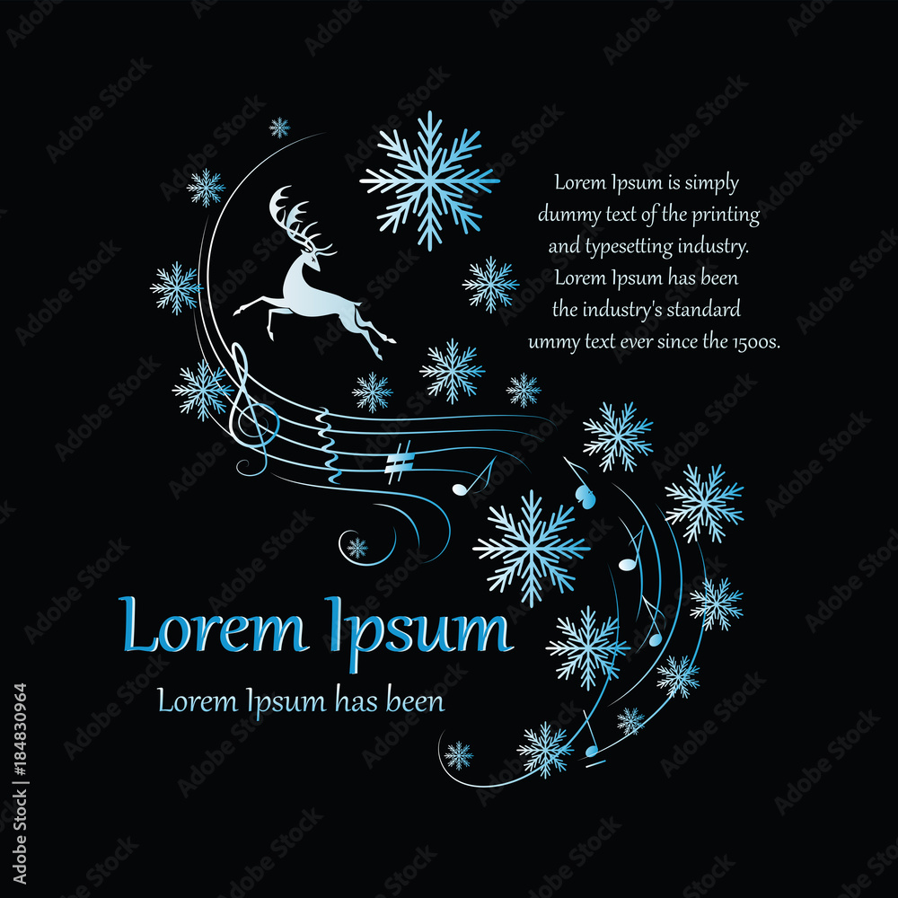 Obraz premium Winter. Running deer on a black background. Poster, a postcard with a deer, notes, snowflakes and a place for text. Design for the musical program of the New Year, Christmas concert.