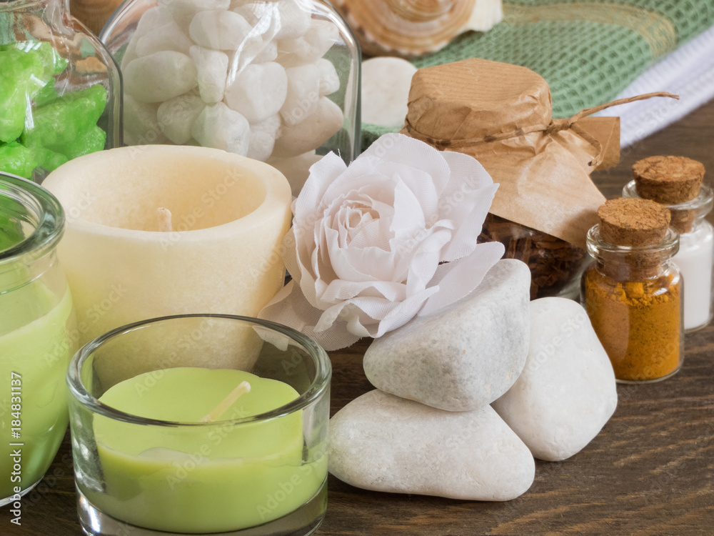 set ingredients and spice for aromatherapy and body care on wooden surface. SPA still life set ingredients and spice for aromatherapy and body care on wooden surface. SPA still life