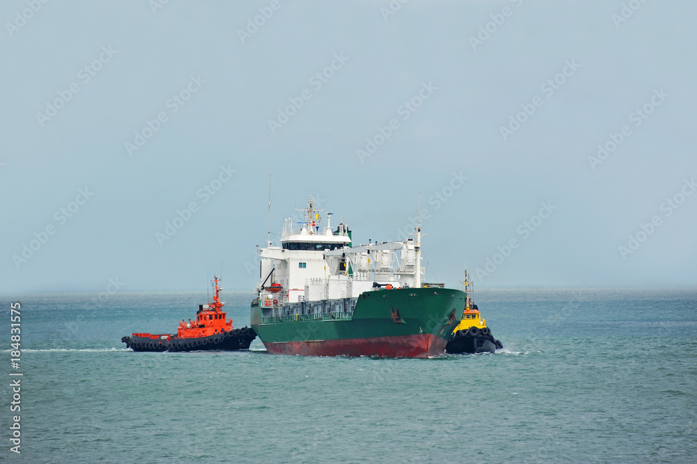 Tugboat assisting refrigerated cargo carrier