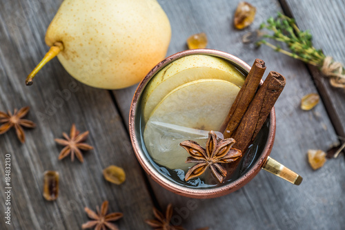 Photography Cold Moscow Mule cocktail in copper mug on the rustic background