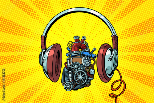 Headphones and steampunk heart motor