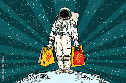 Lone retro astronaut with a sale shopping bags