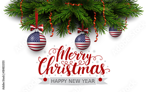 Vector border of Christmas tree branches with red ribbon and balls with american flag. Merry christmas and happy new year