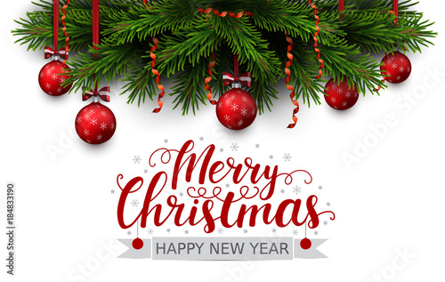 Vector border of Christmas tree branches with red ribbon and balls. Merry christmas and happy new year