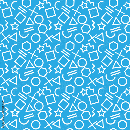 Stylish seamless pattern of simple white geometric shapes on blue background. Modern abstract vector background.
