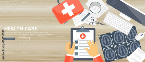 Health care concept. Wooden desk with medical equipment. Flat vector illustration