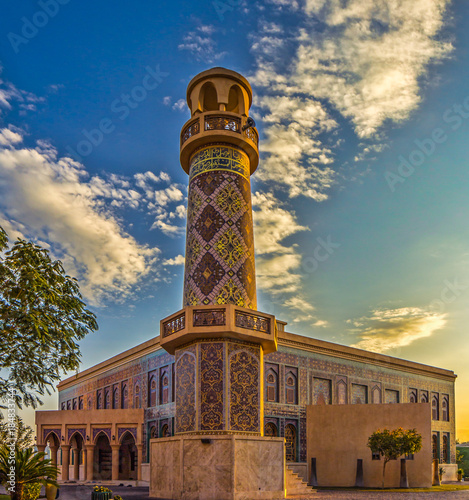 Katara Mosque in Katara Cultural Village daylight view with clouds in sky ,Doha,Qatar.