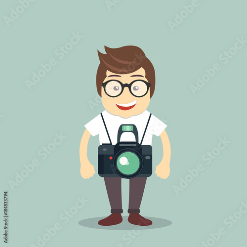 Photographer icon. Man standing with camera. Flat vector illustration