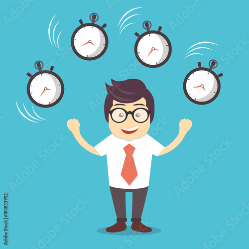 Smiling cartoon businessman juggling with alarm clocks, symbolizing time management. Flat vector illustration