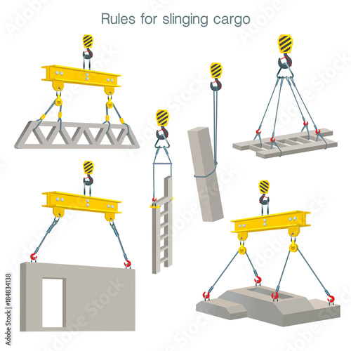 Rules for slinging cargo. Safety at the construction site. Lifting of reinforced concrete products. Set of vector illustrations on white background