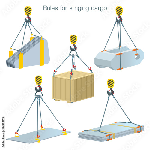 Rules for slinging cargo. Safety at the construction site. Lifting of building units. Set of vector illustrations on white background
