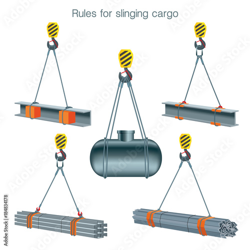 Rules for slinging cargo. Safety at the construction site. Lifting of metal products. Set of vector illustrations on white background