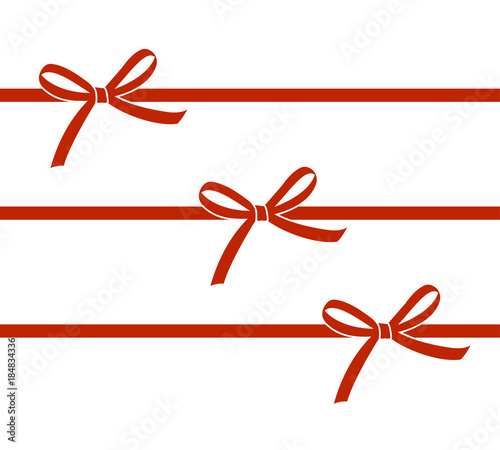 Set of decorative beautiful red bows with horizontal ribbon isolated on white background. Vector bow.