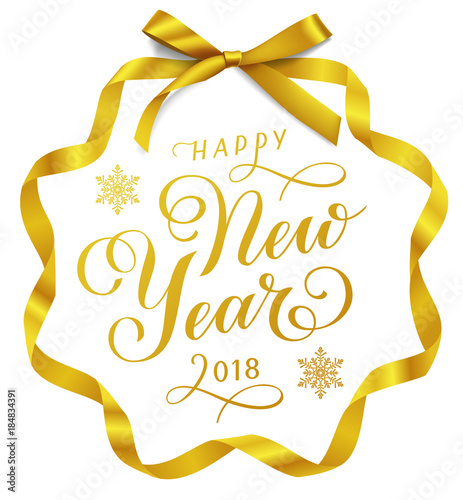 happy New Year 2018. Golden calligraphic text with gold bow and long ribbon. Vector circle label. Holiday decoraton