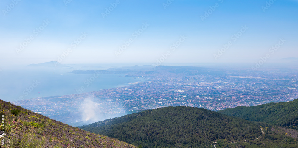 Panoramic view of Mount Vesuvius and Gulf of Naples on a summer hazy day, Campania, Italy, Europe