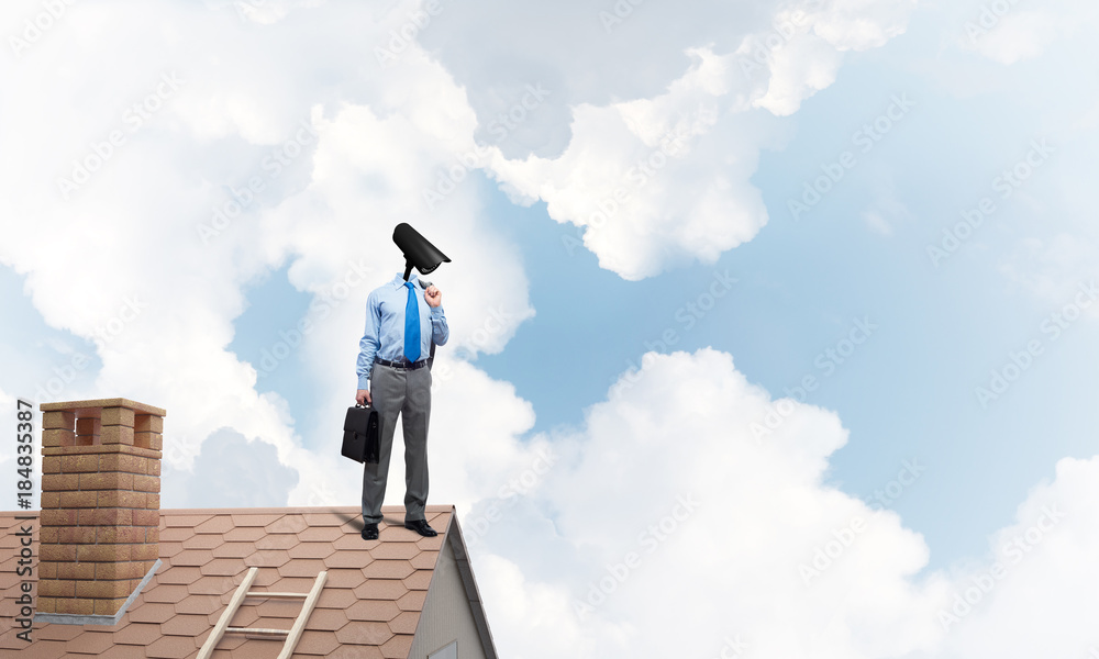 Concept of home security and privacy protection with camera headed man Concept of home security and privacy protection with camera headed man