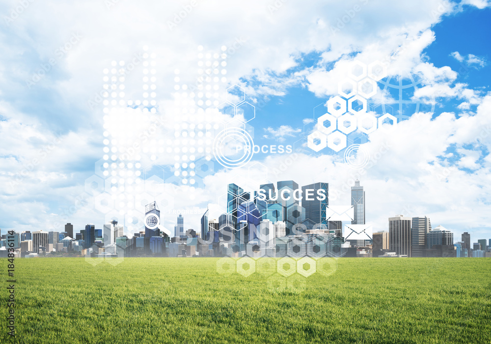 Natural background with modern cityscape green field and media interface