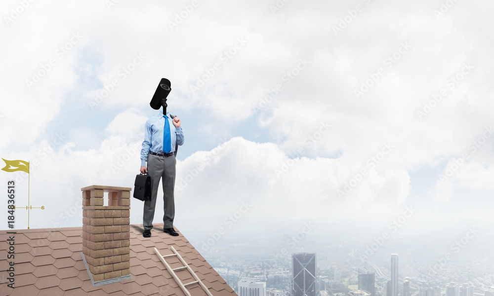 Concept of home security and privacy protection with camera headed man Concept of home security and privacy protection with camera headed man