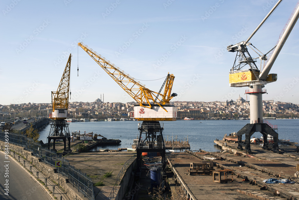 A city view and a shipyard in Istanbul, Turkey