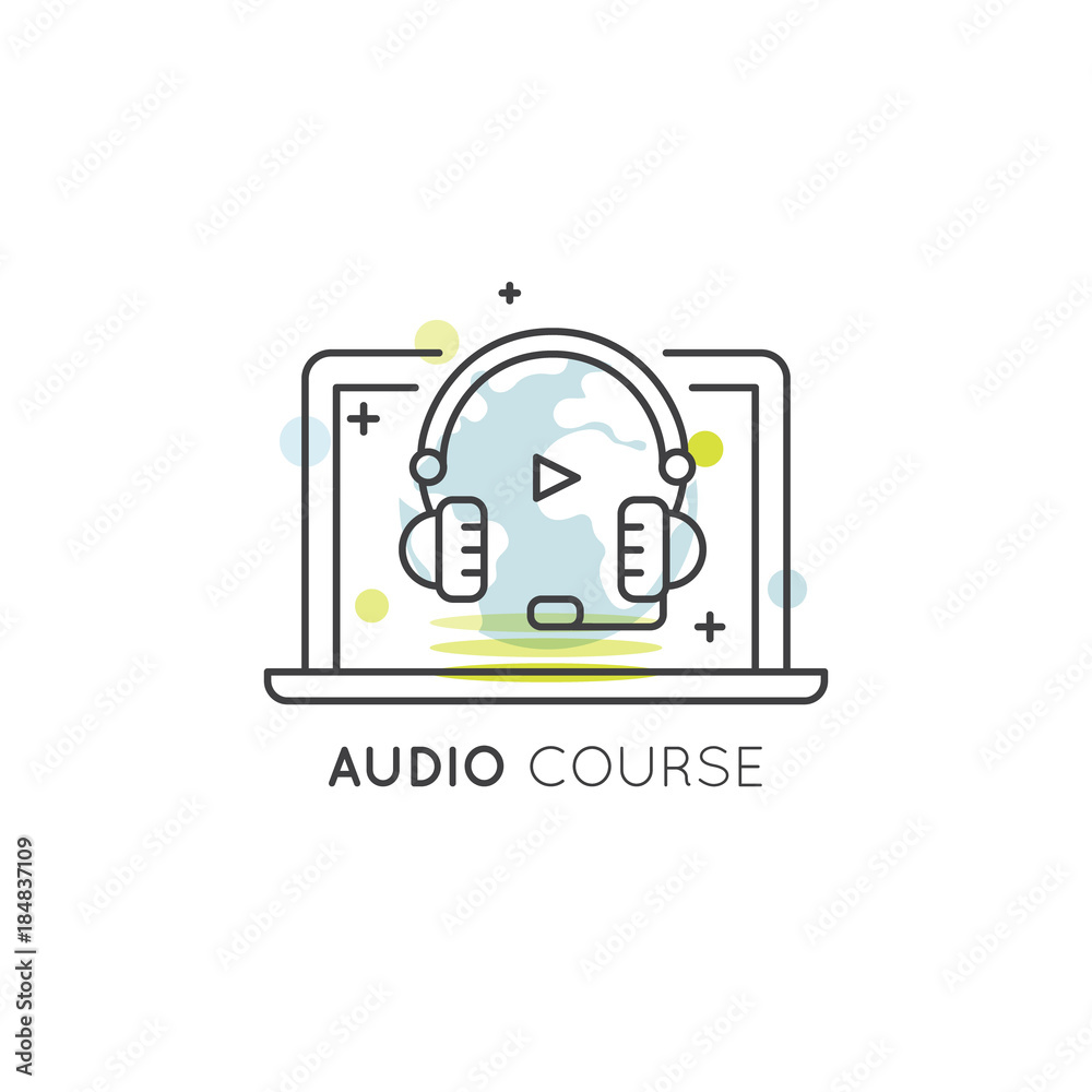 Vector Icon Style Illustration of Online Course, Webinar, Tutorial or Podcast with Headphones and Play Button on Laptop Screen with Globe