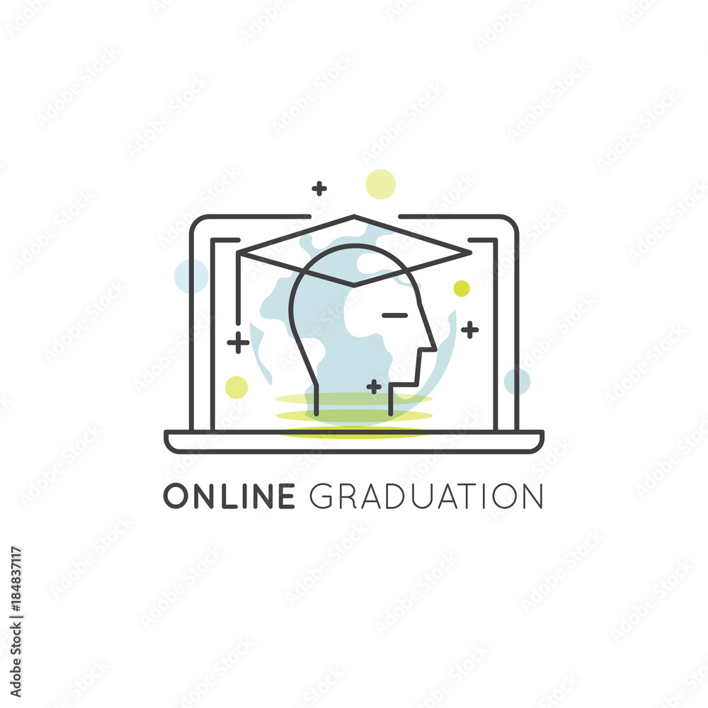 Vector Icon Style Illustration of Online Graduation with Student Wearing a Cap with Laptop and Lobal Network Vector Icon Style Illustration of Online Graduation with Student Wearing a Cap with Laptop and Lobal Network