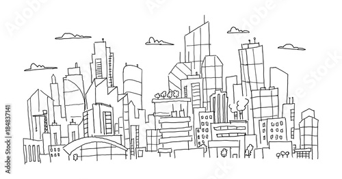Big city panorama future sketch. Hand drawn vector stock line illustration. Building architecture landscape.