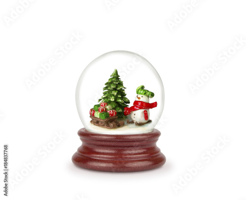 Christmas snow globe isolated on white. Can be used as a Christmas or a New Year gift or symbol. Snowman with gifts.