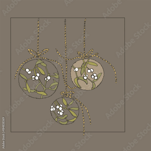 Christmas balls with branches Víscum. Romantic Christmas with kisses
