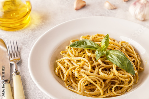 Pasta with homemade pesto sauce.