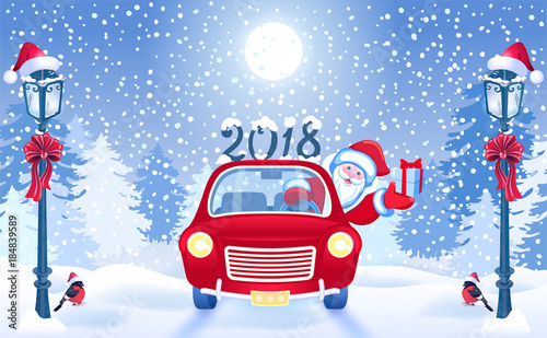 Christmas card with Santa Claus in red car with gift box and vintage lamppost against winter forest background