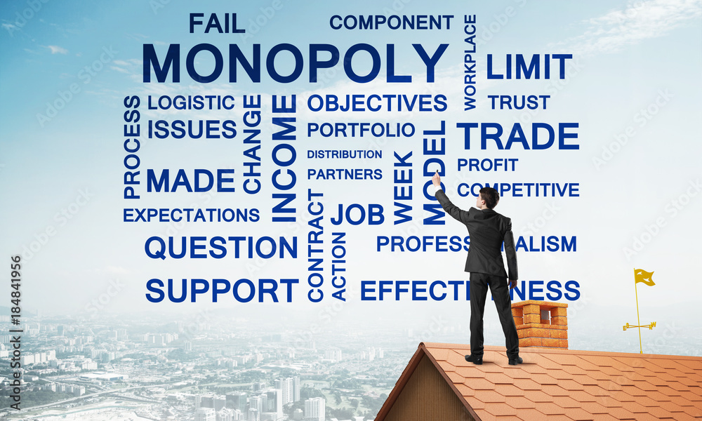 Young businessman standing on house roof and writing leadership skill concept. Mixed media Young businessman standing on house roof and writing leadership skill concept. Mixed media
