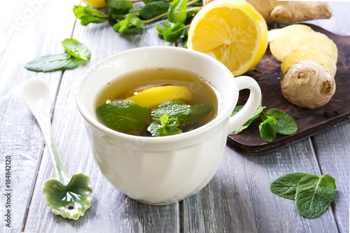 Freshly brewed ginger tea with mint
